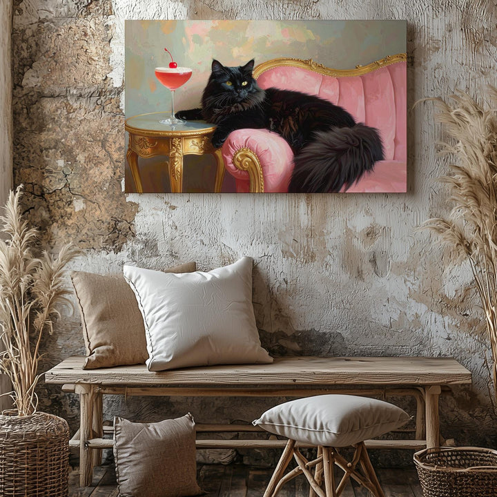 Velvet Throne Cat Canvas – Regal Black Feline on Pink Chaise with Cocktail - Gifitto