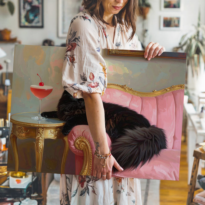 Velvet Throne Cat Canvas – Regal Black Feline on Pink Chaise with Cocktail - Gifitto