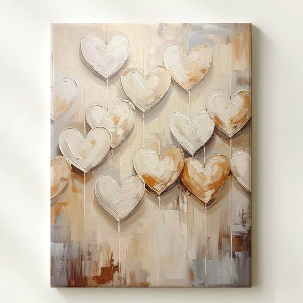 Rustic Heart Cluster Canvas – Textured Hearts on Warm Neutral Background - Gifitto