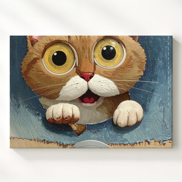 Whimsical Plush Cat Canvas – Playful 3D Denim Wall Art - Gifitto