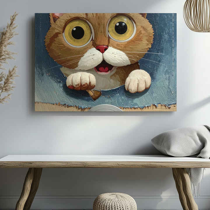 Whimsical Plush Cat Canvas – Playful 3D Denim Wall Art - Gifitto