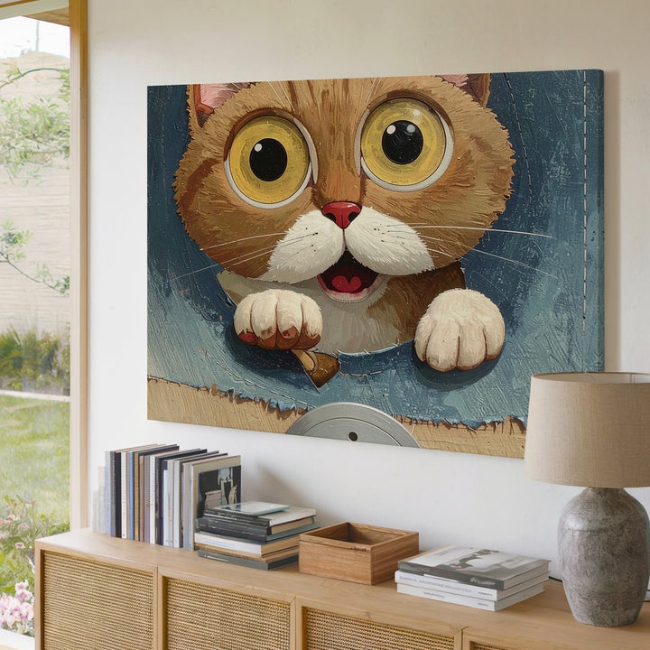 Whimsical Plush Cat Canvas – Playful 3D Denim Wall Art - Gifitto