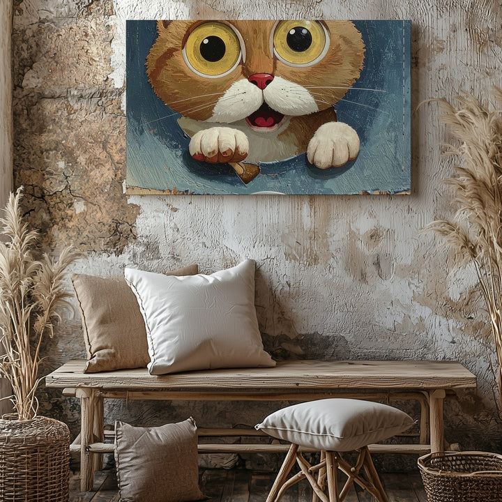 Whimsical Plush Cat Canvas – Playful 3D Denim Wall Art - Gifitto