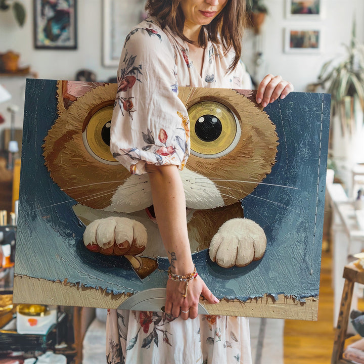 Whimsical Plush Cat Canvas – Playful 3D Denim Wall Art - Gifitto