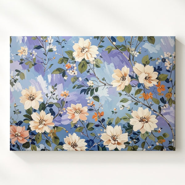 Whimsical Floral Pattern Canvas – Cream & Orange Blooms on Periwinkle - Gifitto