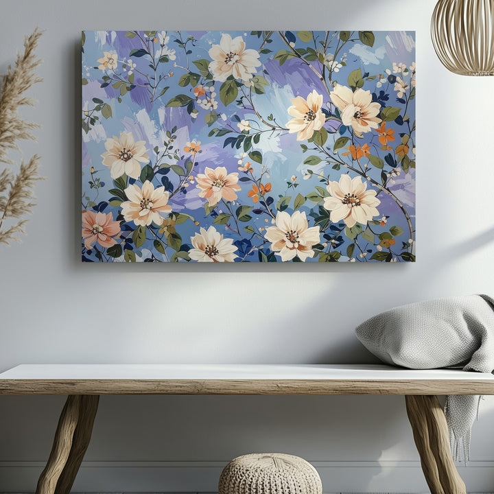 Whimsical Floral Pattern Canvas – Cream & Orange Blooms on Periwinkle - Gifitto