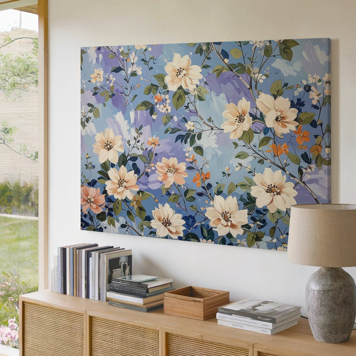 Whimsical Floral Pattern Canvas – Cream & Orange Blooms on Periwinkle - Gifitto