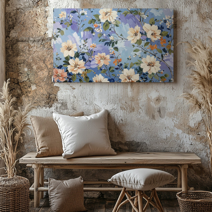 Whimsical Floral Pattern Canvas – Cream & Orange Blooms on Periwinkle - Gifitto