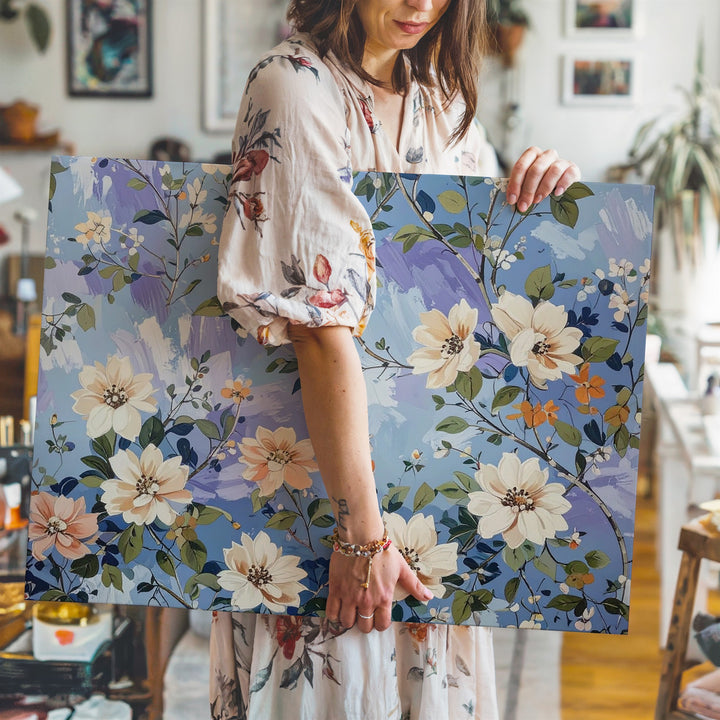 Whimsical Floral Pattern Canvas – Cream & Orange Blooms on Periwinkle - Gifitto