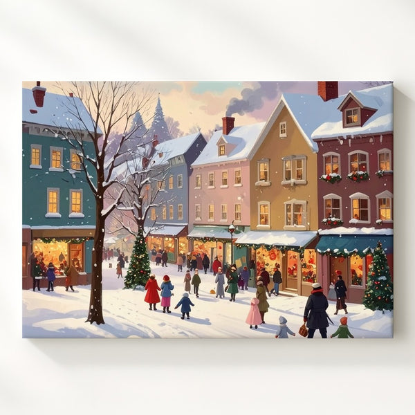 Whimsical Winter Street Canvas – Vintage Holiday Village Scene Wall Art - Gifitto