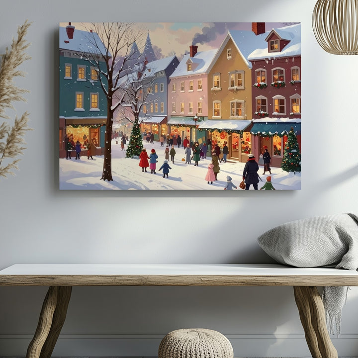 Whimsical Winter Street Canvas – Vintage Holiday Village Scene Wall Art - Gifitto