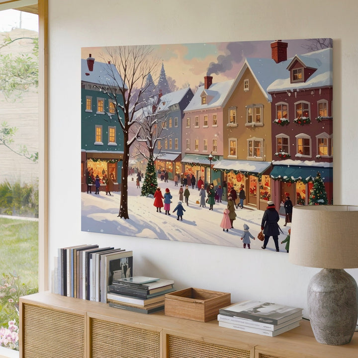 Whimsical Winter Street Canvas – Vintage Holiday Village Scene Wall Art - Gifitto