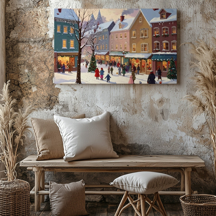 Whimsical Winter Street Canvas – Vintage Holiday Village Scene Wall Art - Gifitto
