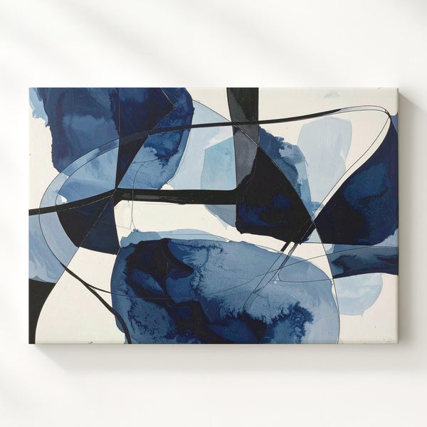 Navy Watercolor Dance Canvas – Abstract Art with Fluid Blue Shapes and Black Lines - Gifitto