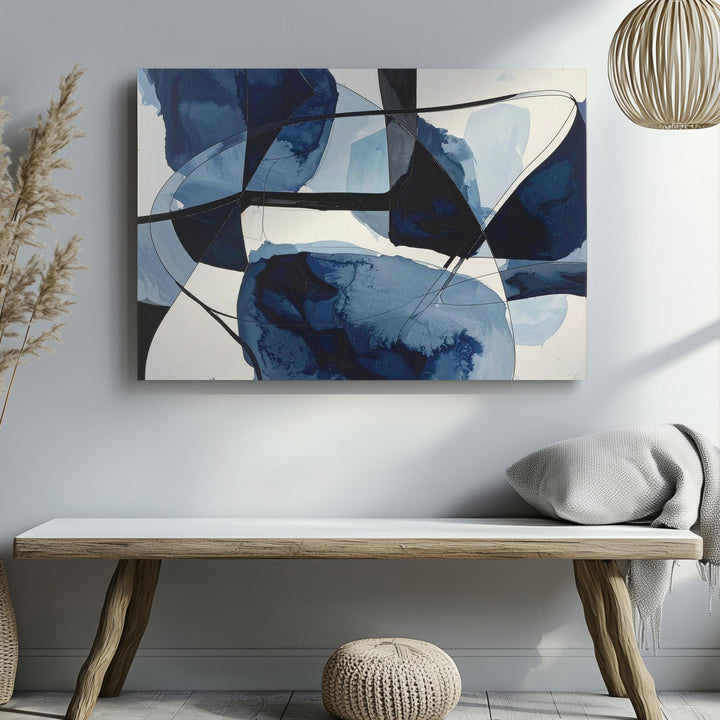 Navy Watercolor Dance Canvas – Abstract Art with Fluid Blue Shapes and Black Lines - Gifitto