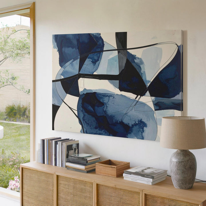 Navy Watercolor Dance Canvas – Abstract Art with Fluid Blue Shapes and Black Lines - Gifitto