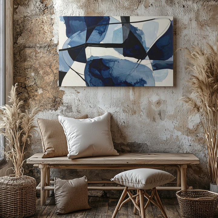 Navy Watercolor Dance Canvas – Abstract Art with Fluid Blue Shapes and Black Lines - Gifitto