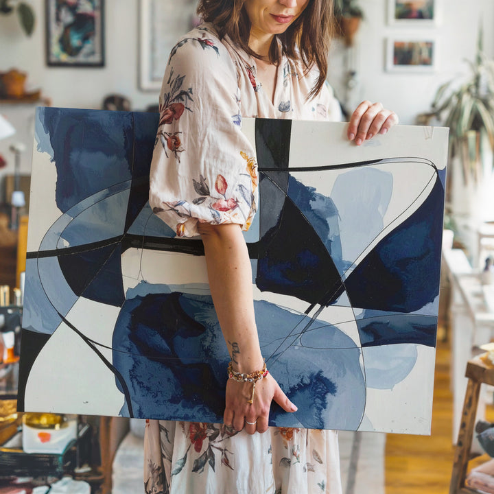 Navy Watercolor Dance Canvas – Abstract Art with Fluid Blue Shapes and Black Lines - Gifitto