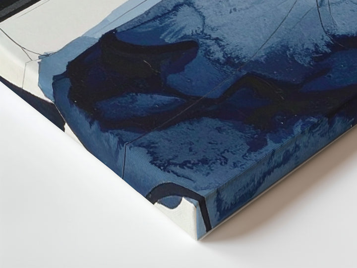 Navy Watercolor Dance Canvas – Abstract Art with Fluid Blue Shapes and Black Lines - Gifitto