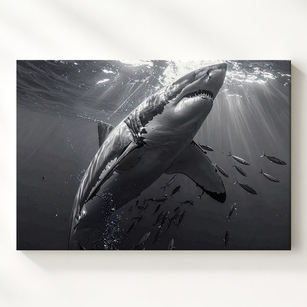 Great White Shark Canvas – Monochrome Underwater Predator Photography