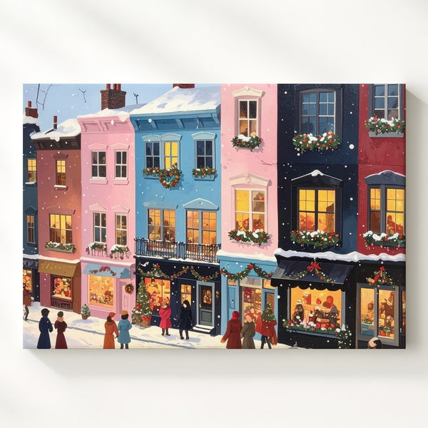 Pastel Holiday Street Canvas – Whimsical Winter Village Scene Wall Art - Gifitto