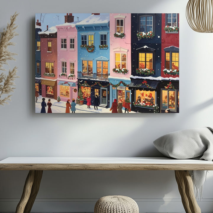 Pastel Holiday Street Canvas – Whimsical Winter Village Scene Wall Art - Gifitto