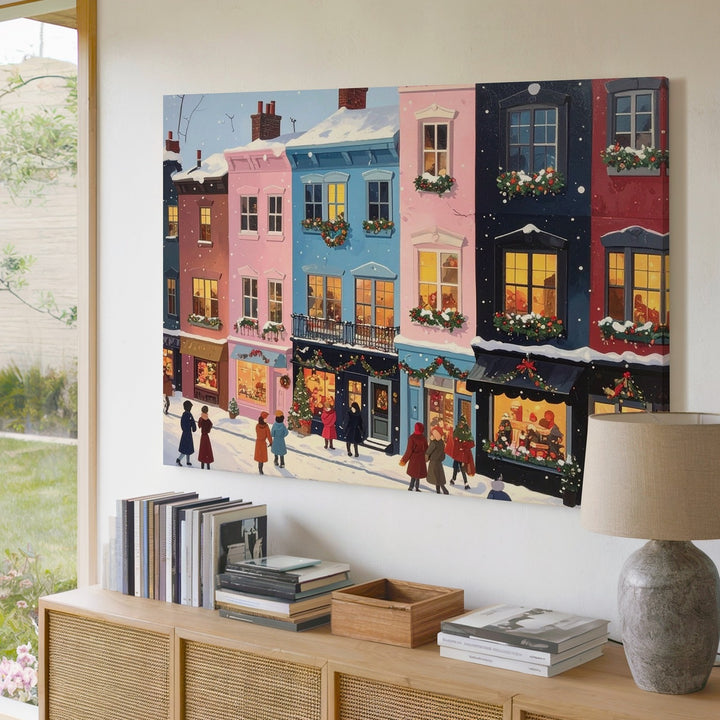 Pastel Holiday Street Canvas – Whimsical Winter Village Scene Wall Art - Gifitto