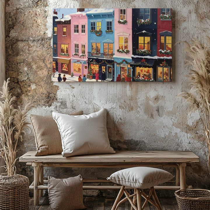 Pastel Holiday Street Canvas – Whimsical Winter Village Scene Wall Art - Gifitto