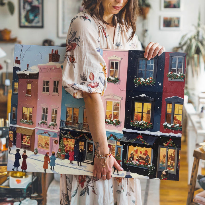 Pastel Holiday Street Canvas – Whimsical Winter Village Scene Wall Art - Gifitto