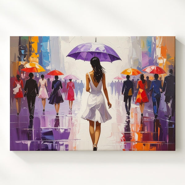 Rainy Day Stroll Canvas – Impressionistic Umbrella Walk in Soft Pastels