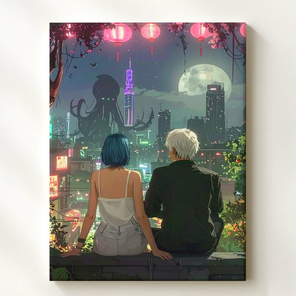 Neon Hearts Canvas – Romantic Cyberpunk Cityscape with Couple - Gifitto