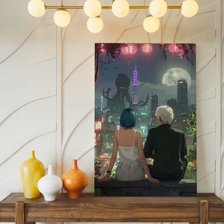 Neon Hearts Canvas – Romantic Cyberpunk Cityscape with Couple - Gifitto