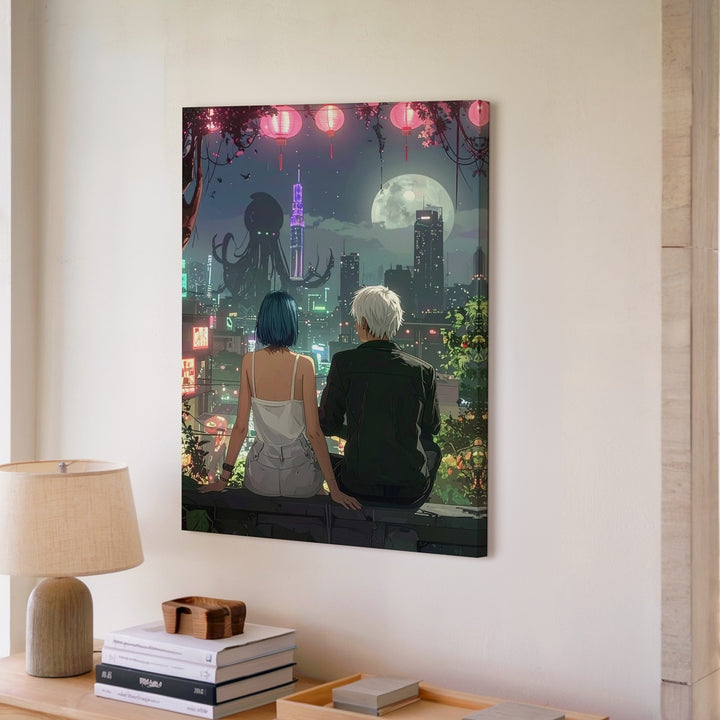 Neon Hearts Canvas – Romantic Cyberpunk Cityscape with Couple - Gifitto