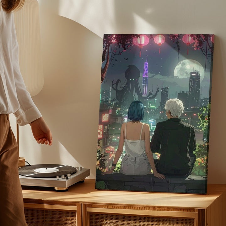 Neon Hearts Canvas – Romantic Cyberpunk Cityscape with Couple - Gifitto