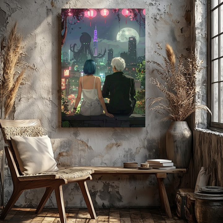 Neon Hearts Canvas – Romantic Cyberpunk Cityscape with Couple - Gifitto
