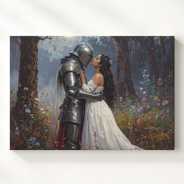 Knight’s Embrace Canvas – Romantic Fantasy Forest Love Scene Wall Art - Gifitto