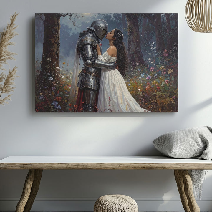 Knight’s Embrace Canvas – Romantic Fantasy Forest Love Scene Wall Art - Gifitto