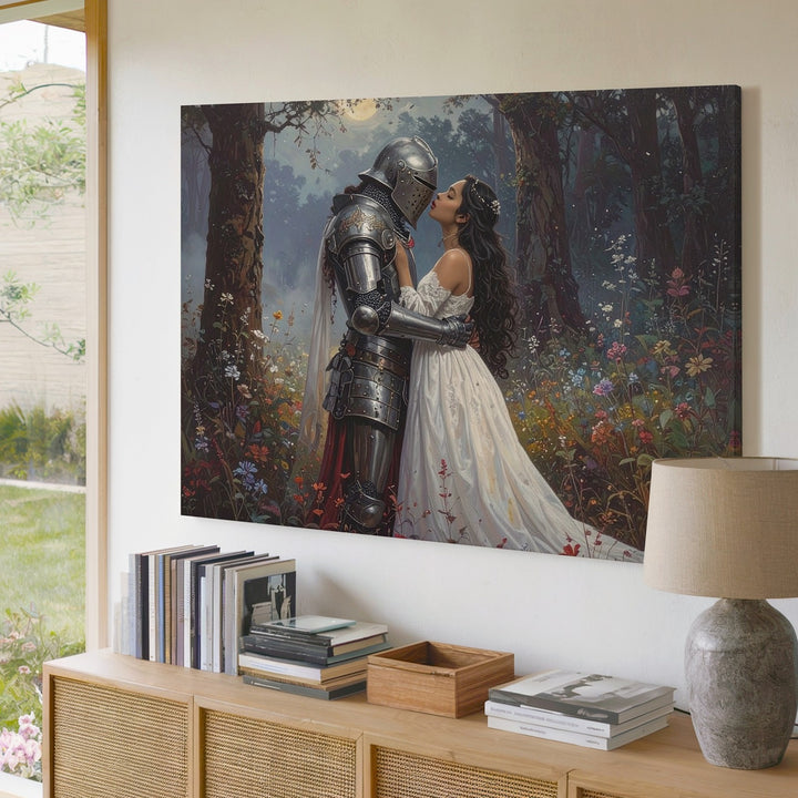 Knight’s Embrace Canvas – Romantic Fantasy Forest Love Scene Wall Art - Gifitto