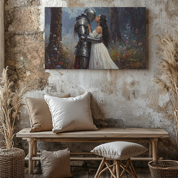 Knight’s Embrace Canvas – Romantic Fantasy Forest Love Scene Wall Art - Gifitto
