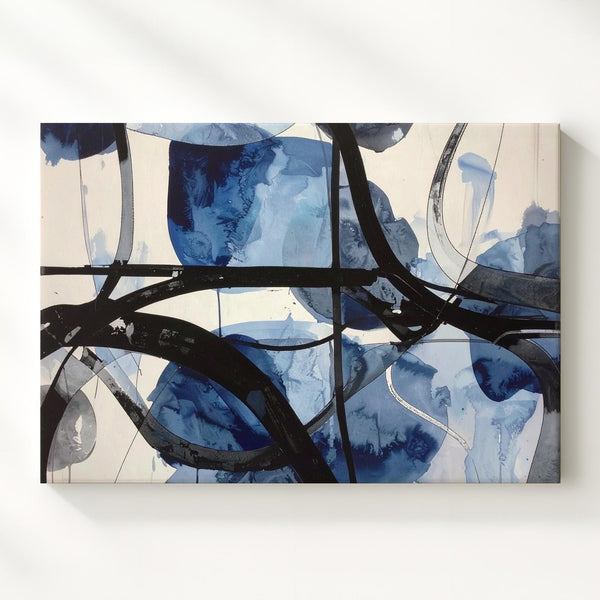 Serene Blue Watercolor Canvas – Abstract Art with Organic Shapes and Black Lines - Gifitto
