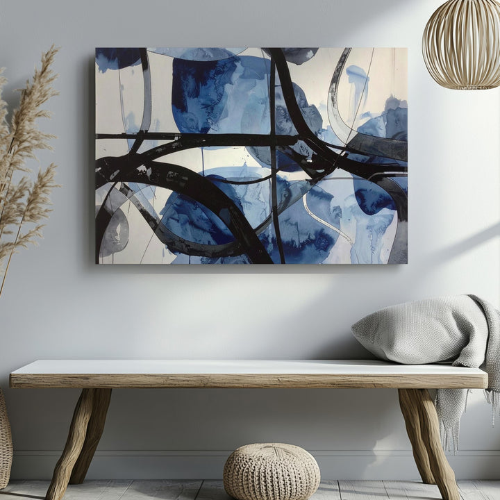 Serene Blue Watercolor Canvas – Abstract Art with Organic Shapes and Black Lines - Gifitto