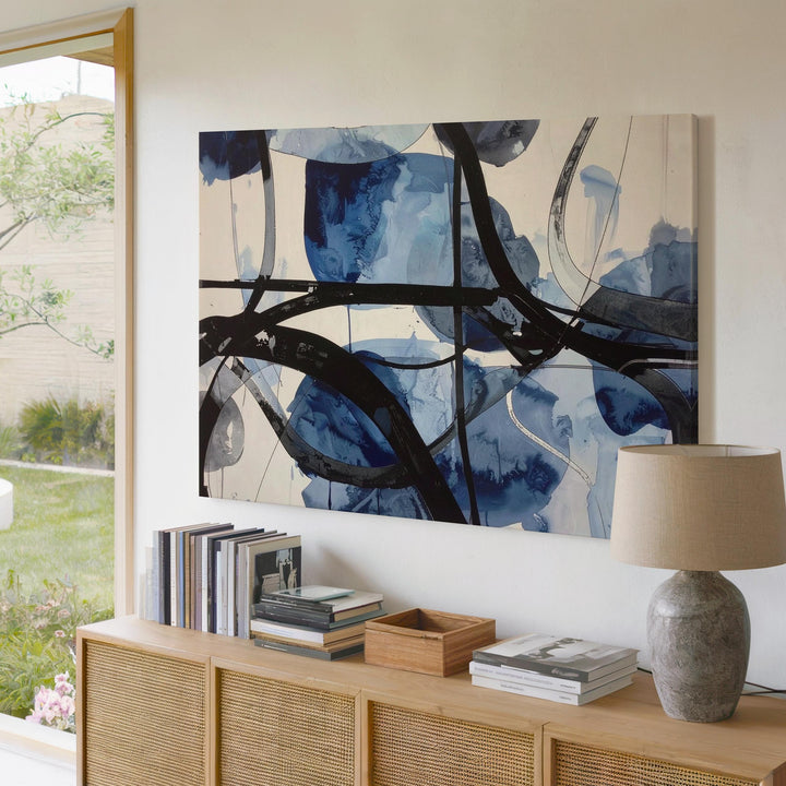 Serene Blue Watercolor Canvas – Abstract Art with Organic Shapes and Black Lines - Gifitto