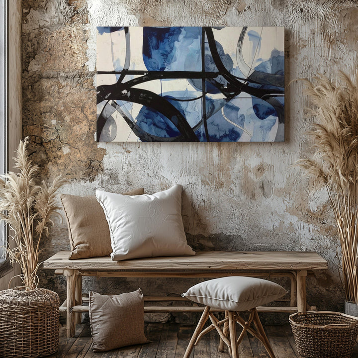 Serene Blue Watercolor Canvas – Abstract Art with Organic Shapes and Black Lines - Gifitto