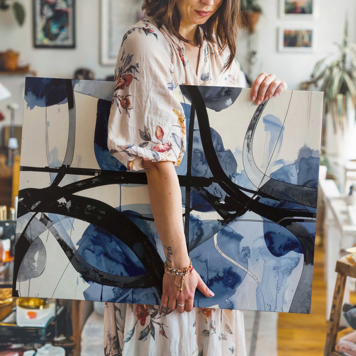 Serene Blue Watercolor Canvas – Abstract Art with Organic Shapes and Black Lines - Gifitto
