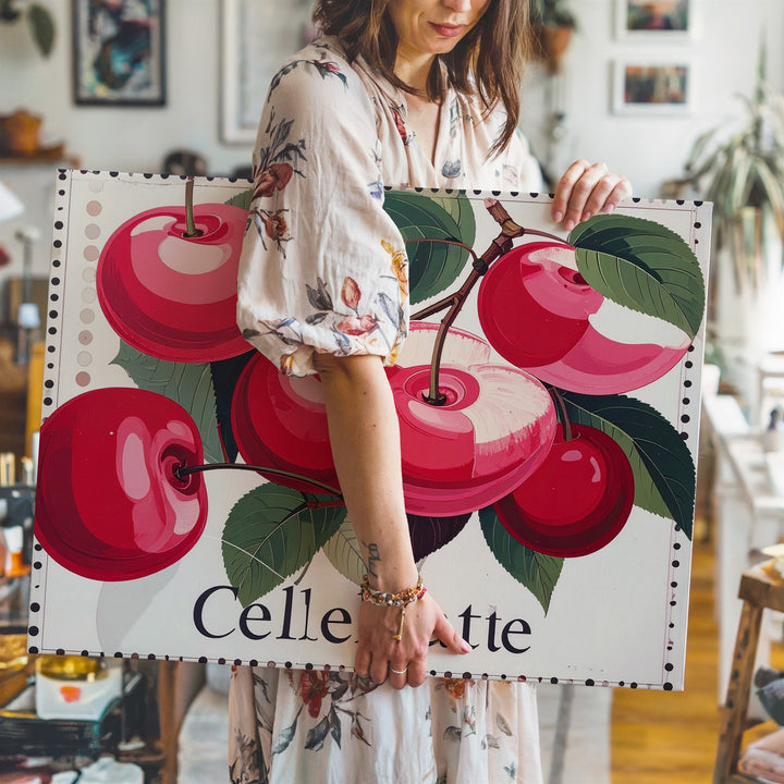 Celebrate Cherry Canvas – Bold Modern Fruit Illustration with Graphic Border - Gifitto