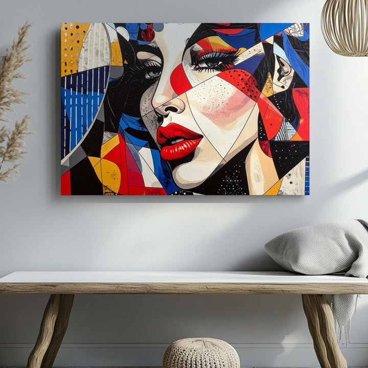 Pop Art Woman Canvas – Bold Geometric Portrait with Comic Book Flair - Gifitto