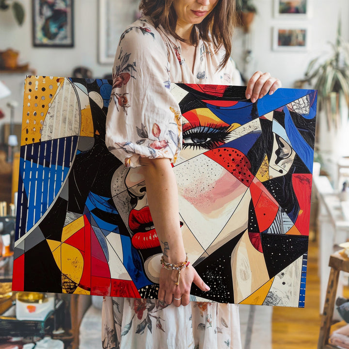 Pop Art Woman Canvas – Bold Geometric Portrait with Comic Book Flair - Gifitto