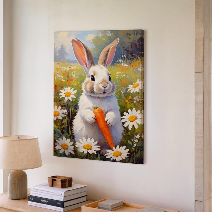 Playful Rabbit with Carrot Canvas – Joyful Meadow Wall Art - Gifitto
