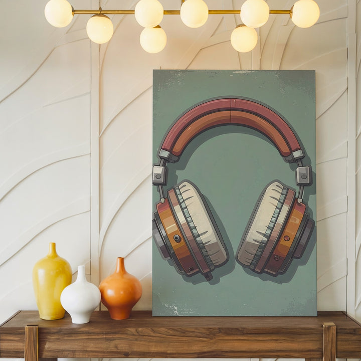 Retro Vibes Headphone Canvas – Vintage Audio Art on Soft Green - Gifitto