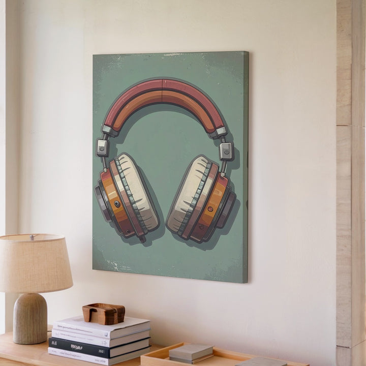 Retro Vibes Headphone Canvas – Vintage Audio Art on Soft Green - Gifitto